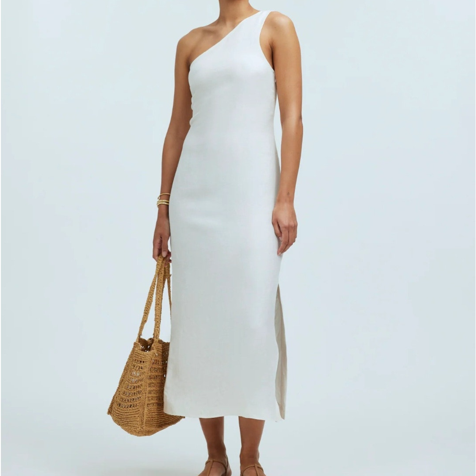 Madewell One Shoulder Midi Dress Lighthouse White Linen Blend Minimalist Small 6